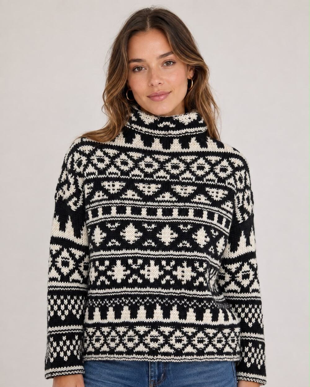 Zara Woman NWT Black Ecru Jacquard Rollneck Geometric Pattern Knit Sweater M